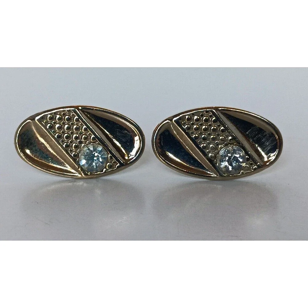 Vintage Shields MCM Mid Century Modern Oval Goldtone Rhinestone Cufflinks